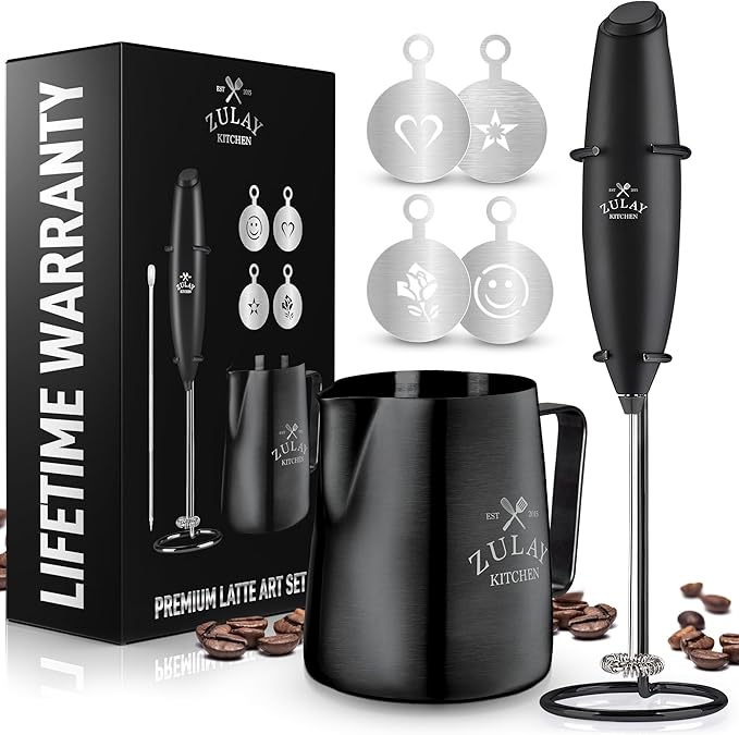 Zulay Premium Gift Milk Frother Set – Handheld Coffee Frother with Stand, 12oz/350ml Frothing Pitcher + 4 Latte Art Stencils – 13,000 RPM Motor, SS Whisk, Battery Operated – Barista Kit (Exec Black)