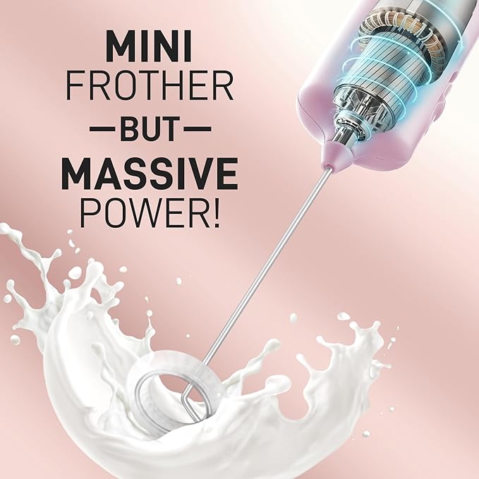 Mini & Mighty Milk Frother Wand – Powerful Handheld Coffee Frother, Battery Operated Drink Mixer – Compact Pocket Size – Detachable Whisk for Latte, Cappuccino, Matcha, Hot Chocolate – Pink