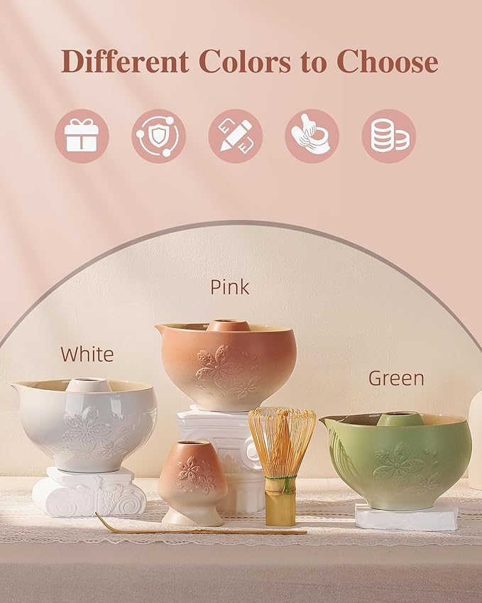 ZENS Matcha Whisk Set, Pink Ceramic Matcha Bowl with Embossed Sakura, 6pcs Matcha Tea Kit Includes Bamboo Whisk, (Chasen Holder) Scoop & Sifter, Tea Towel for Matcha Ceremony, Pink