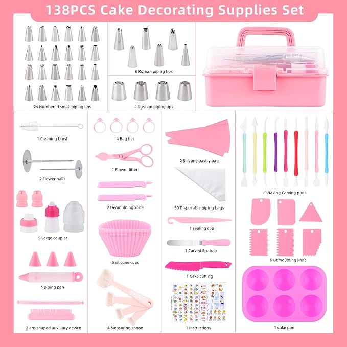 Cake Decorating Kit: Decorating Supplies Tools Kit 138 PCS Baking Accessories Include Spiping Bags and Tips Set, Piping Tips Set, Spatulas, Cake Scraper, 50 Piping Bags for Beginners, Pink