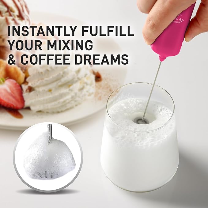 Mini & Mighty Milk Frother Wand – Handheld Coffee Frother, Battery Operated Drink Mixer – Compact Pocket Size – Detachable Whisk for Latte, Cappuccino, Matcha, Hot Chocolate – Dragon Fruit Pink