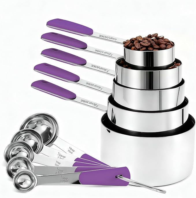 Measuring Cups and Spoons Set, Stainless Steel 10 Piece for Cooking and Baking (5 Cups + 5 Spoons, Purple Handle)