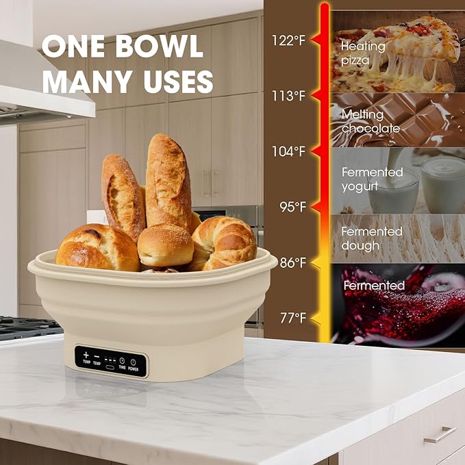 Heating Banneton Bread Proofing Basket Kit, Sourdough Starter Kit, 6 Adjustable Temp (77℉-122℉) Banneton Baking Supplies with Recipe, Smart Thermostatic Silicone Batter Bowl with Timer and LED Display