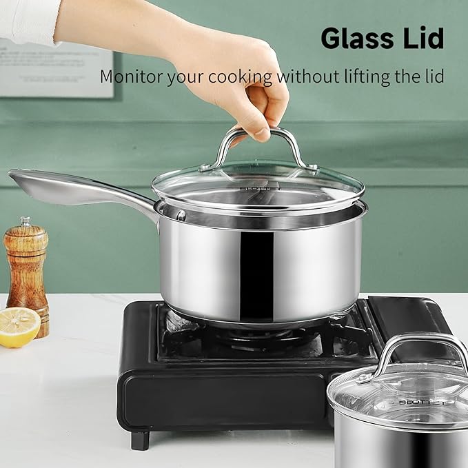 1Qt & 2Qt Stainless Steel Sauce Pan Set with Lid,4 Pcs Non Stick Saucepan,Small Kitchen Pots,Induction Compatible,PFOA FREE