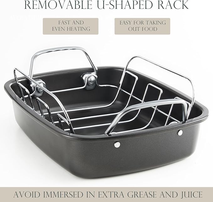 KITESSENSU Nonstick Turkey Roasting Pan with Rack, Gold