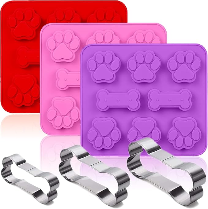 Silicone Molds Puppy Dog Paw & Bone Shaped 2 in 1 and Stainless Steel Cookie Cutter,for Homemade Treats Cat Animal Ice Candy Chocolate Baking Mold(Pink&Purple&Red)