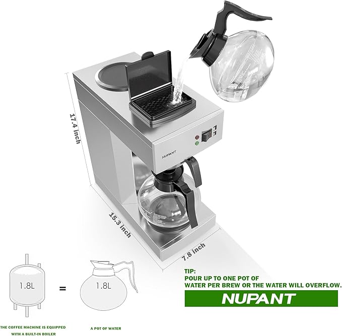 12 Cup Commercial Drip Coffee Maker Set, 1.8L Auto Filling Coffee MAKER with water line and LCD Control & 1.8L Manual Filling Coffee Maker with, Stainless Steel, 2 Warmers, 2 Cafafes, for Restaurant