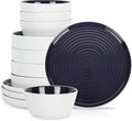Stone Lain Elica 12-Piece Modern Dinnerware Set Stoneware, Plates and Bowl Sets for 4, Navy and White