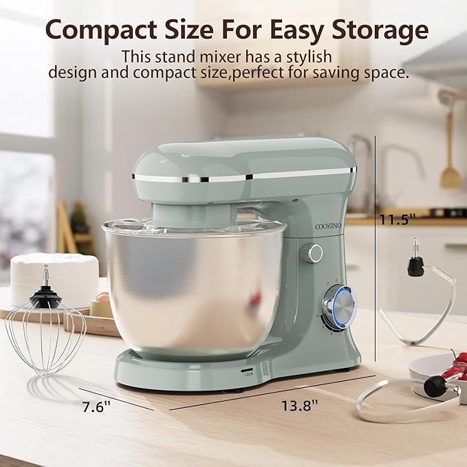 Electric Stand Mixer,10 Speeds Tilt-Head Food Mixer, 3-IN-1 Kitchen Mixer for Daily Cooks with 6QT Bowl,Dough Hook, Beater, Whisk (Morandi Green, Dishwasher safe)