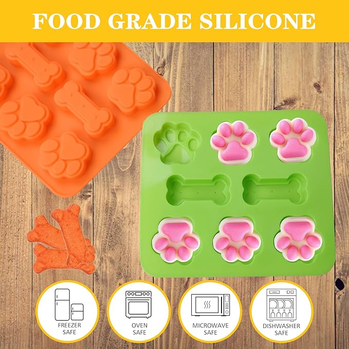 2 Pack Puppy Dog Paw and Bone Shaped 2 in 1 Silicone Molds, Reusable Non-Stick Ice Cube Trays & Candy Chocolate Molds for Homemade Dog Treats, Pudding & Baking Biscuit (Green Orange)