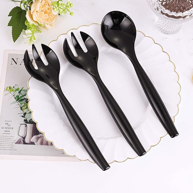 Mwellewm 32Pcs Serving Spoons 10'' Large Plastic Serving Utensils Set Slotted Disposable Serving Forks Heavy Duty Black Party Supplies for Buffet Restaurant Dinner Salad Noodles Soup