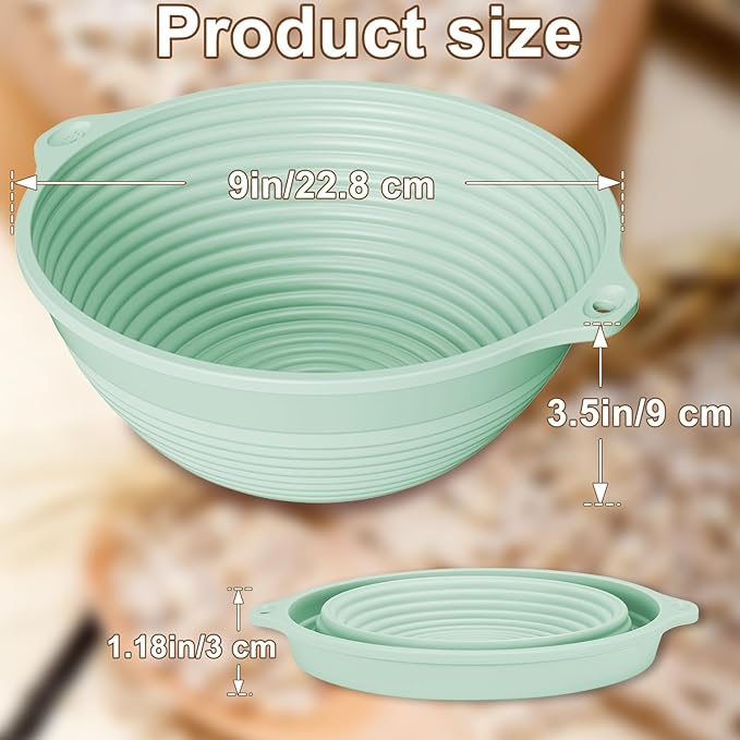 Upgraded Silicone Sourdough Bread Proofing Basket with Handles - Reinforced Rim Support, 9 Inch Round Foldable Bowls for Sourdough Bread Baking, Oven & Dishwasher Safe-BPA Free (Green)