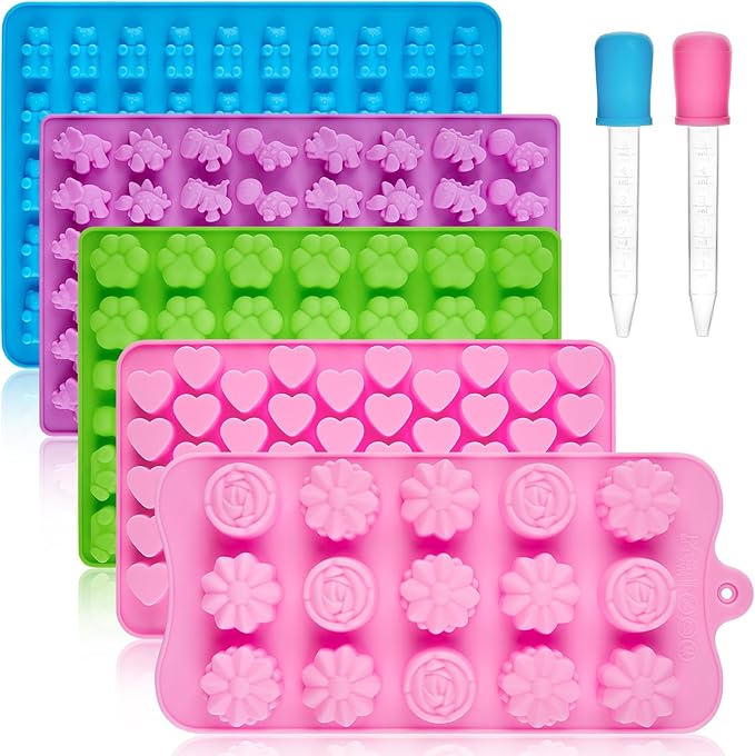 Gummy Candy Molds with 2 Droppers, Silicone Molds Include Bear, Dinosaur, Heart, Flower, Paw, 5 Pcs, 210 Cavities