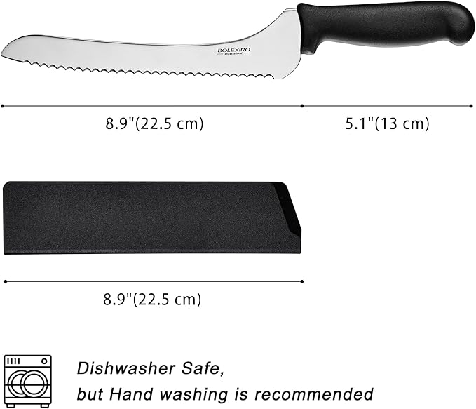 9 Inch Offset Serrated Bread Knife, Wavy Edge knife, High Carbon Stainless Steel Multi-Purpose Kitchen Knife for Homemade Bread, Crusty Breads, Cake, Bagel