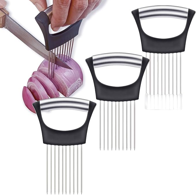 3 Pieces Onion Holder for Slicing, Stainless Steel Onion Cutter for Slicing, Potato Lemon Slicer Tomato Slicers Kitchen Comb for Onions, Tomatoes, Avocados, Eggs, Lemon, Potatos (Black)