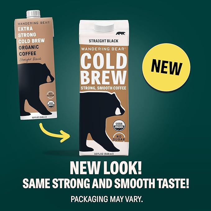 Wandering Bear Extra Strong Organic Cold Brew Coffee, Straight Black, 32 fl oz, 1 pack - Smooth, Organic, Unsweetened, Shelf-Stable, and Ready to Drink Cold Brew