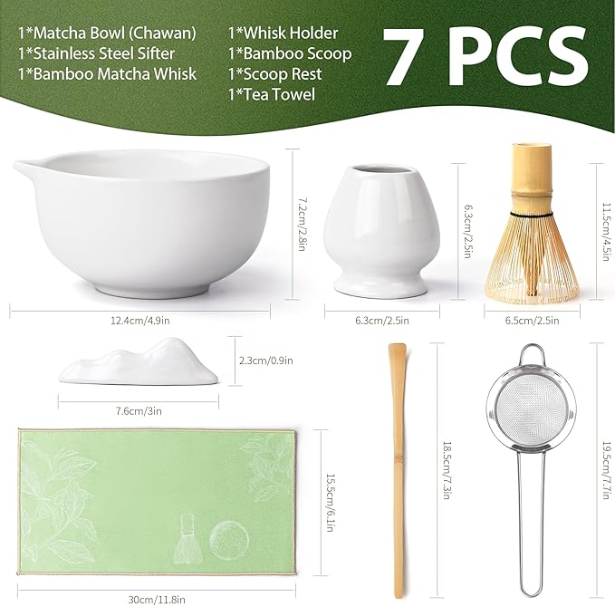 Matcha Whisk Set, 7 Pcs Matcha Kit with Matcha Bowl, Spout, Whisk and Holder, Bamboo Scoop and Stainless Steel Sifter, Japanese Matcha Set for Ceremony, Gift for Matcha Lover