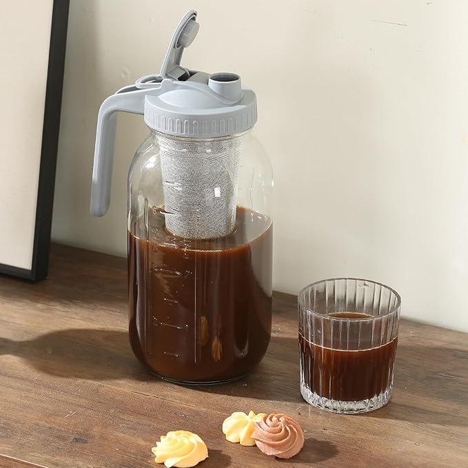 Cold Brew Coffee Maker Pitcher 64-ounce Glass Wide Mouth Mason Jar with Stainless Steel Filter and Pour Spout Handle Lid (Grey, 64Ounce)