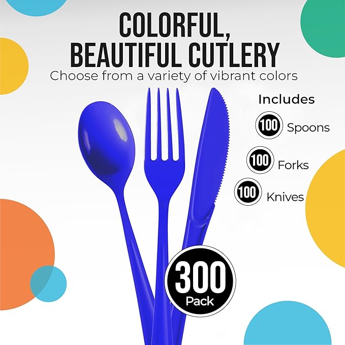 Party Solids Dark Blue Plastic Silverware Heavy Duty 300 Pcs Dark Blue Plastic Cutlery Sets, Utensil Sets, 100 Of Each Forks, Knives & Spoons Disposable Cutlery Set, Flatware Set For Party Supplies