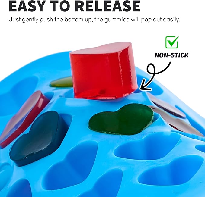 4 PCS Silicone Gummy Candy Molds, 201 Cavities Non-Stick Mini Size Gummy Bear, Dinosaur, Heart and Donut Molds with 2 Droppers for Small Hard Candies, Jello, Chocolates