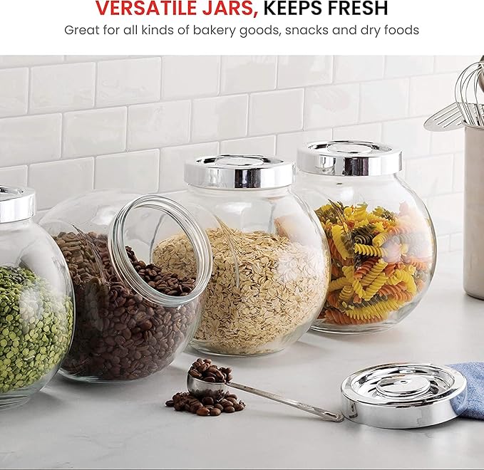 Bormioli Rocco Pandora Glass Candy Jar 75½-Ounce Cookie Jar (2 Pack) with Plastic Airtight Seal Lid 2-Way Display, Bulk-Food Storage Jar for Snacks, Dry Food, Jelly Beans Canister, Apothecary Jars.