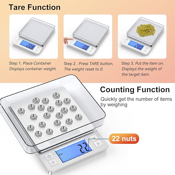 BOMATA Upgraded Small Food Scale, 0.1 g/0.001 oz High Precision, 3000 g/6.6 lb, with New Hold Function and Larger Display, USB Rechargeable, Digital Kitchen Scale for Small Item, Jewelry. Sliver