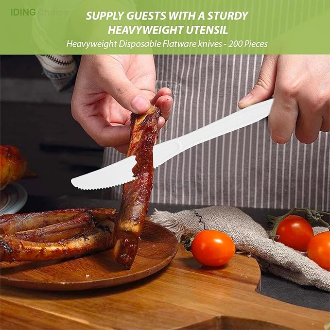 heavy duty 200 knives, 100% Compostable disposable utensils, Eco Friendly Silverware for Party, Wedding, Office, BBQ, Picnic