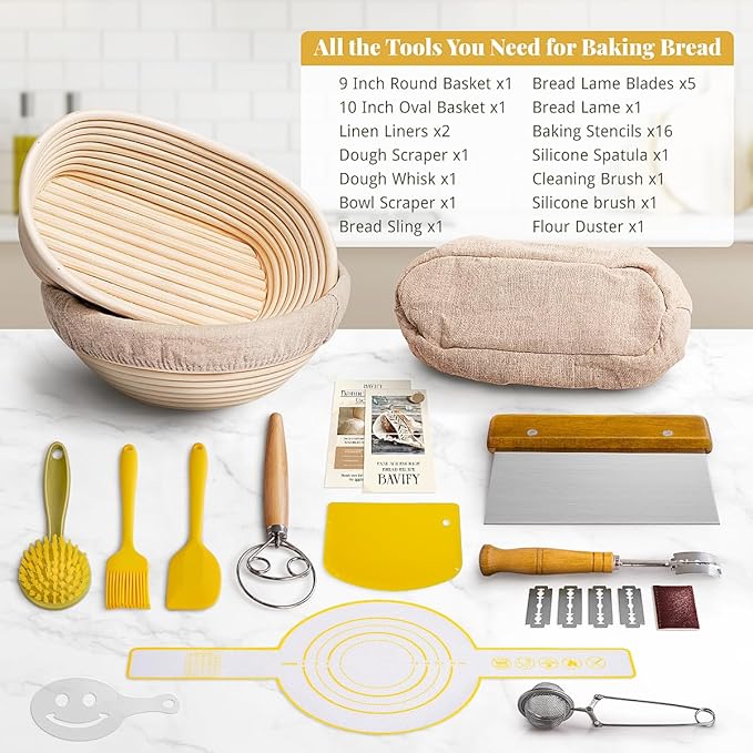 Sourdough Starter Kit, 9" Round & 10" Oval Banneton Bread Proofing Baskets Set, Sourdough Bread Baking Supplies Making Tools with Dough Scraper, Whisk, Bread Lame, Silicone Sling, Recipe