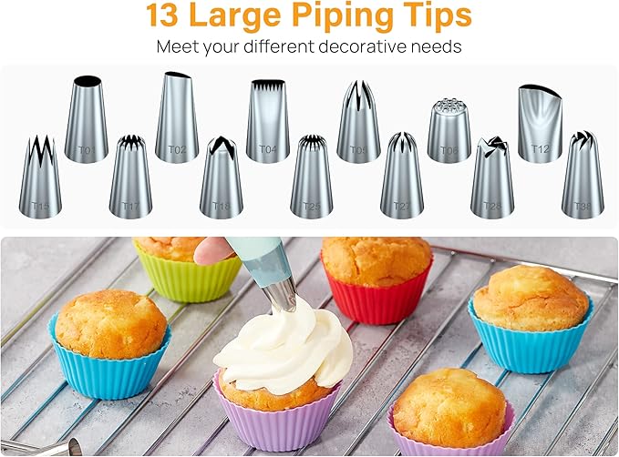 Kootek 54 in 1 Piping Bags and Tips Set with 13 Large Size Piping Tips, 35 Standard Size Icing Tips, 2 Reusable Pastry Bags 12 Inch, Cake Decorating Kit Supplies, Frosting Piping Kit for Cake, Cupcake