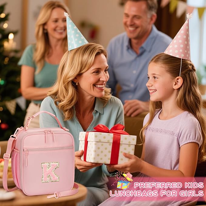 Initial Insulated Lunch Bag for Girls Kids, Back to School Gift, Reusable Leak-proof Lunch Box with Adjustable Strap for School Daycare Travel Picnic (Pink,K)