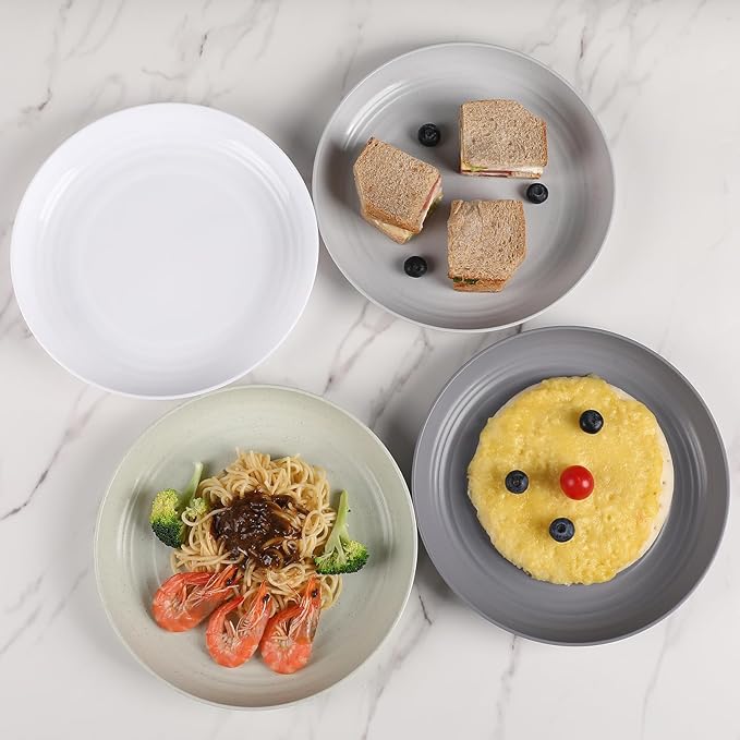 12 Pcs Unbreakable Deep Dinner Plates Set, 10 inch Reusable Plastic Wheat Straw Plates, Microwave and Dishwasher Safe Plate for Kitchen, Lightweight Plate for Dessert, BPA Free, Beige