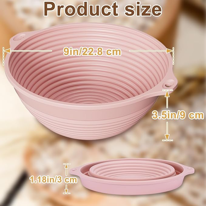 2 Pcs Upgraded Silicone Sourdough Bread Proofing Basket with Handles - Reinforced Rim Support, 9 Inch Round Foldable Bowls for Sourdough Bread Baking, Oven & Dishwasher Safe-BPA Free (Green+Pink)