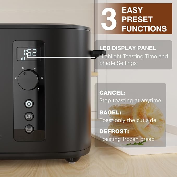 Toaster 4 Slice Long Extra Wide Slot 1.5" with Countdown Timer, 6 Browning Settings, Built-in Warming Rack, Bagel/Cancel/Defrost Functions, Removable Crumb Tray-Matteblack