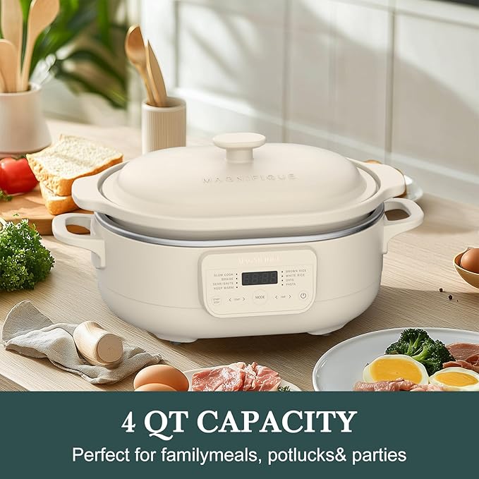 MAGNIFIQUE 4 Quart Programmable Casserole Slow Cooker, 8-in-1 Multi Cooker with Removable Non-Toxic Stoneware Crock, Claypot Slow Cooker, Rice-cooking, Nonstick, Oven Safe Pot to 450°F, Oatmeal