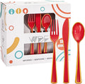 WDF 180 Pieces Red and Gold Plastic Silverware - Disposable Christmas Utensils Include 60 Forks, 60 Knives and 60 Spoons - Heavy Duty Red Plastic Cutlery - for Christmas/Party