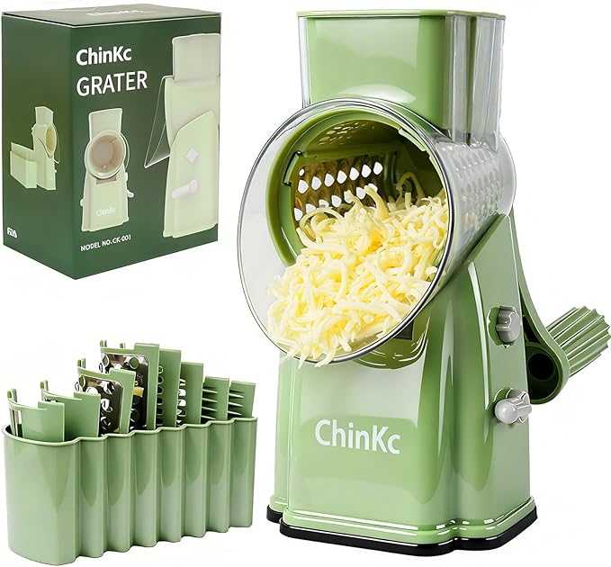 Rotary Cheese Grater Shredder - Upgraded 5 in 1 Cheese Grater with Handle and Strong Suction Base, Multi-purpose Julienne Slicer Ice Shaver Nuts Grinder for Ice, Vegetables, Fruit, Nuts