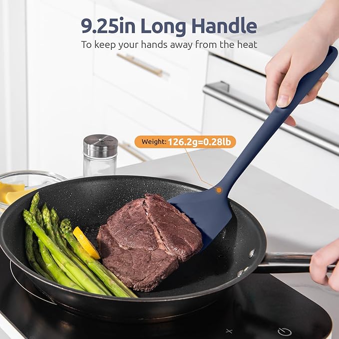 600℉ Heat Resistant Silicone Turner: U-Taste 13.6in Solid Kitchen Spatula Flipper, BPA Free Flexible & Thin Seamless Cooking Utensil for Flipping Egg, Pancake in Nonstick Cookware(Midnight Blue)