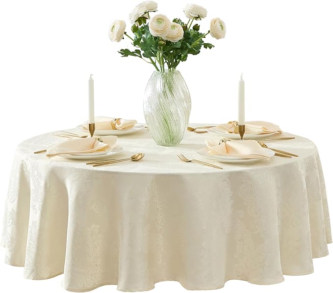 Newbridge Barcelona Luxury Damask Fabric Tablecloth, 108” Round, Antique White, 100% Polyester, No Iron, Soil Resistant Dining Room, Party and Banquet Table Cover
