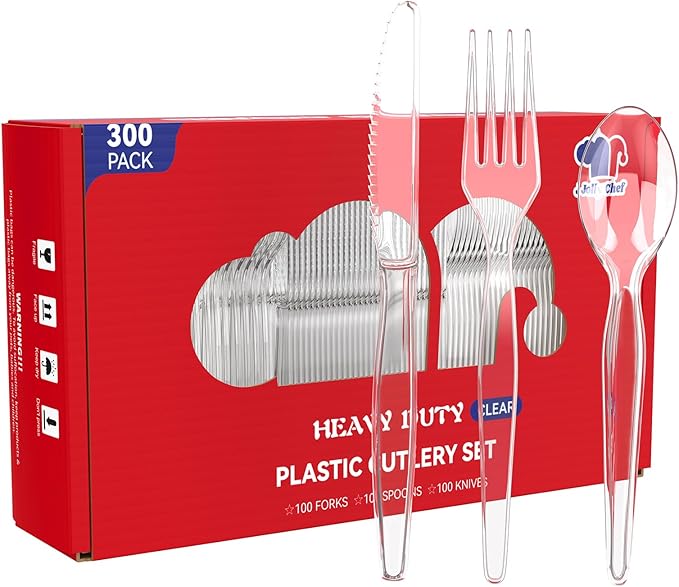 JOLLY CHEF 300 Count Clear Plastic Silverware, 100 Forks, 100 Spoons, 100 Knives, Heavy Duty Disposable Plastic Cutlery Set, Plasticware Bulk, Premium Clear Utensils for Party, Thanksgiving