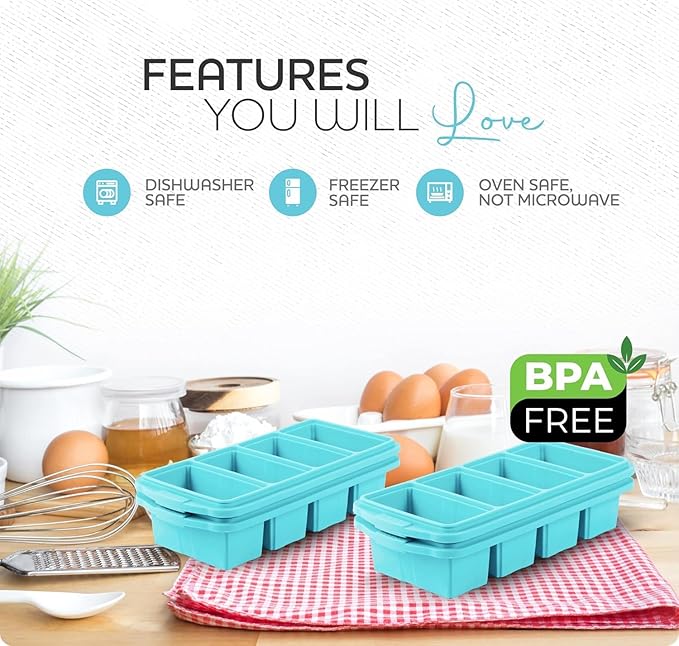 Silicone Freezer Tray With Lid - Soup Freezer Container molds - Large Ice Cube Tray- makes 8 perfect 1 cup portions cubes, 1-Pack Freezer Storage Food Soups & Meal Prep - Oven & Dishwasher -Safe