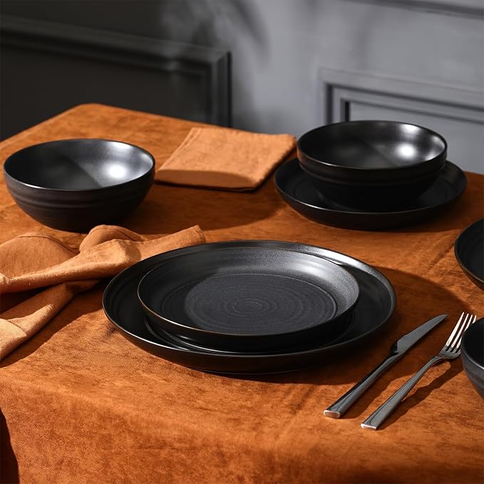 Stone Lain Elio 24-Piece Dinnerware Set Stoneware, Plates and Bowls Set, Dish Set for 8, Black