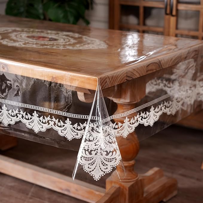Clear Table Cover Protector Rectangle Vinyl Table Cloth Waterproof Oil Spill Proof Wipe Clean Lace Plastic Tablecloths for Dining Tables (French Lace, 60 x 84 Inches)