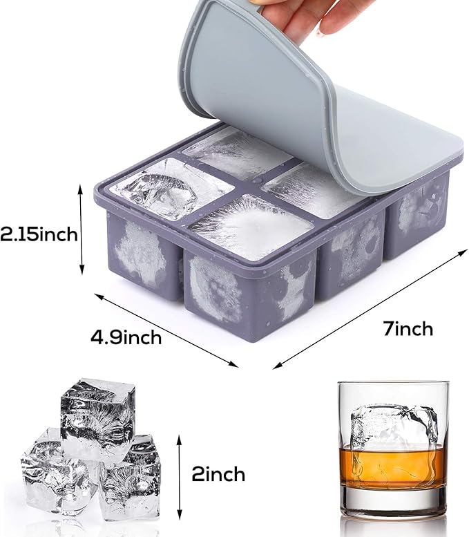 Mossime Large Ice Cube Molds: Square Whiskey Silicone Ice Cube Trays With Lid - 2pack Old Fashioned Big Silicone Ice Cube Tray for Cocktail - 2inch Easy Release Ice Cube Maker For Freezer