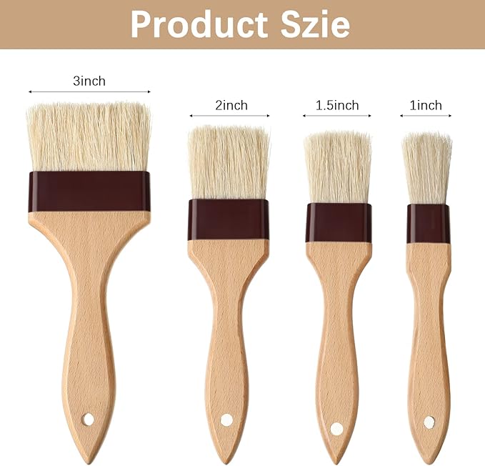 Boao 4 Pieces Natural Bristle Pastry Brush Beech Wooden Handle Basting and BBQ Brushes for Cooking, Butter, Oil, Egg, Marinade, Grilling, Baking, Kitchen Food(1 Inch, 1.5 Inch, 2 Inch, 3 Inch)