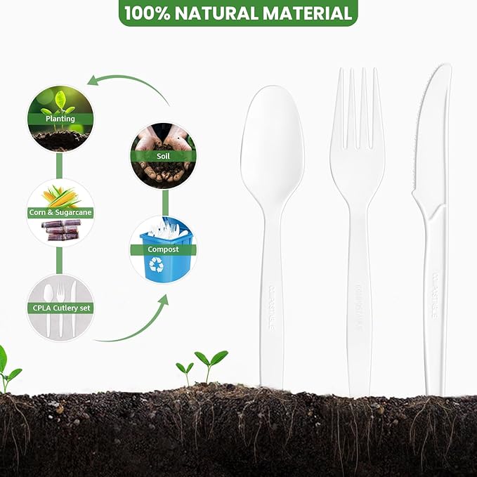 Extra Heavyduty Compostable Cutlery Set - 190 Count Large Disposable Utensils No Plastic Forks Spoons Knives Biodegradable Fork Eco Friendly Silverware for Party,BBQ,Daily Use,Events,Picnic