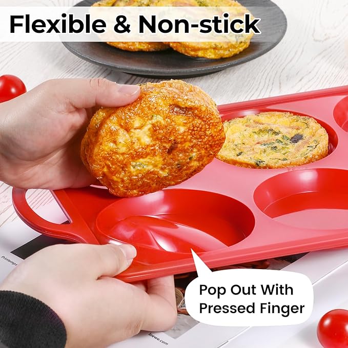 CAKETIME Silicone Muffin Top Pan with Metal Frame, 4 Inch Jumbo Non Stick Round Egg Baking Pan for Oven English Muffins, Whoopie Pies, Corn Bread, Egg Bites, Breakfast Sandwiches Tarts 2 Pack Red