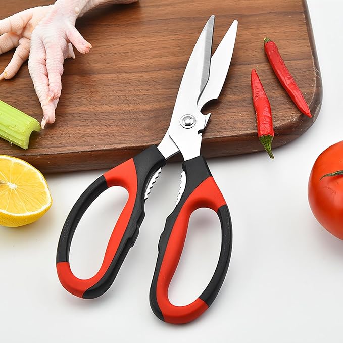 Multipurpose kitchen scissors, heavy duty meat poultry scissors, spice scissors, food cooking scissors, stainless steel utility scissors (2, red)