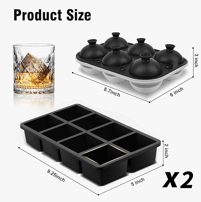 Samuelworld Premium Ice Tray Combo (16 Ice Cubes/6 Ice Ball), Large Ice Sphere Maker & New Upgraded Ice Cube Trays, Food Grade, Spill-Free Integrated Funnels, Whiskey Bourbon Cocktails, Black