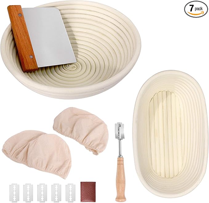 Bread Proofing Basket Set 9.6 Inch Oval and 10 Inch Round Natural Rattan Proofing Baskets with Bread Lame and Dough Scraper and Linen Liner Bread Making Tools for Professional and Home Bakers