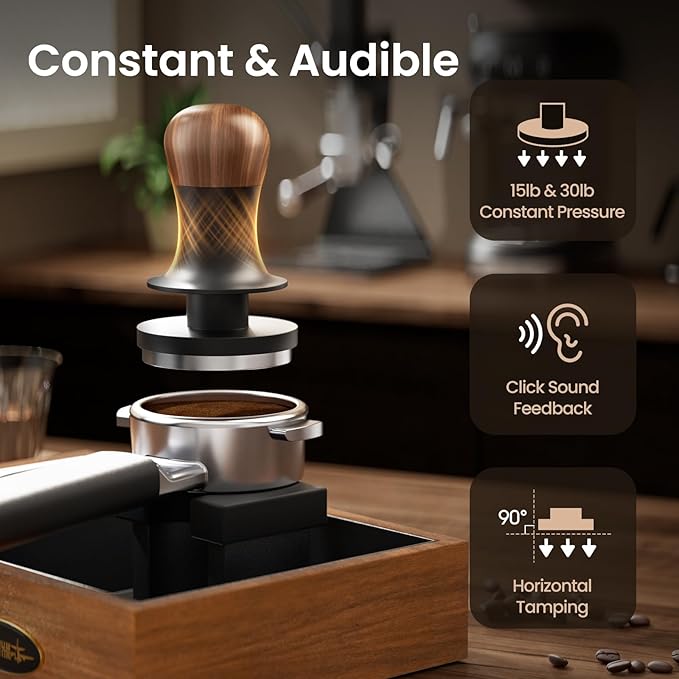 MHW-3BOMBER 58.5mm Espresso Tamper - 3 Spring Loaded Coffee Tamper with Sound Feedback - Barista Tamper Tool Espresso with 15lb / 30lbs Replacement Springs - Walnut Handle SUS304 Ripple Base T7071T-OS